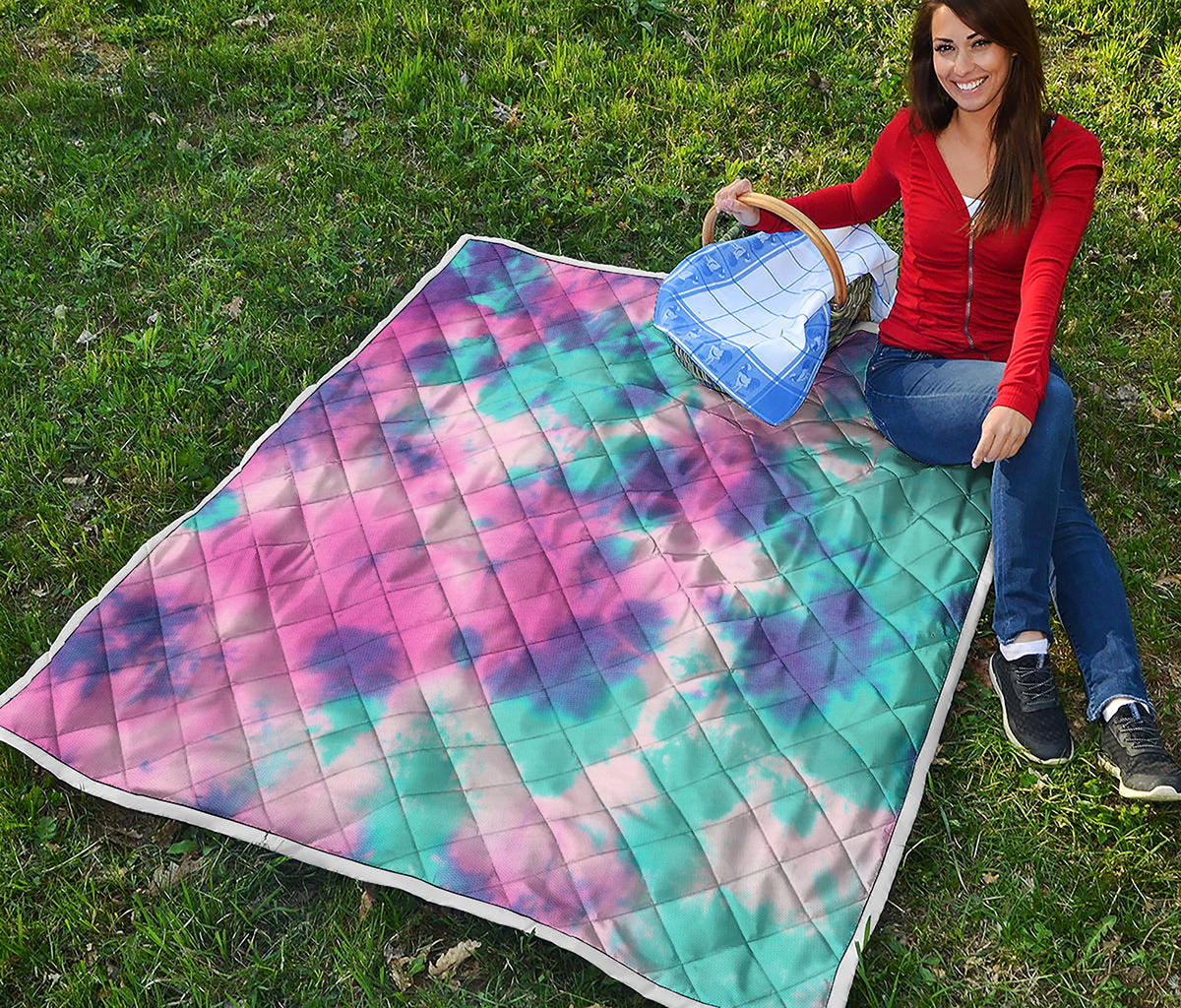 Pink And Teal Tie Dye Print Quilt