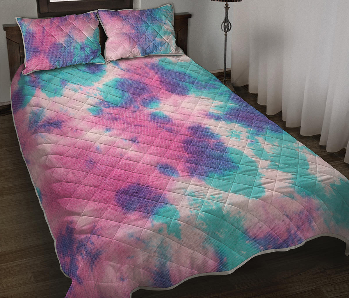 Pink And Teal Tie Dye Print Quilt Bed Set
