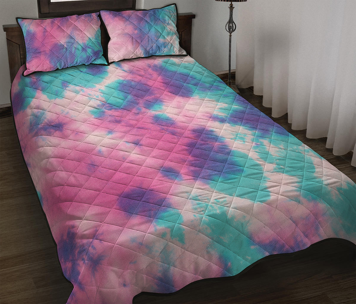 Pink And Teal Tie Dye Print Quilt Bed Set