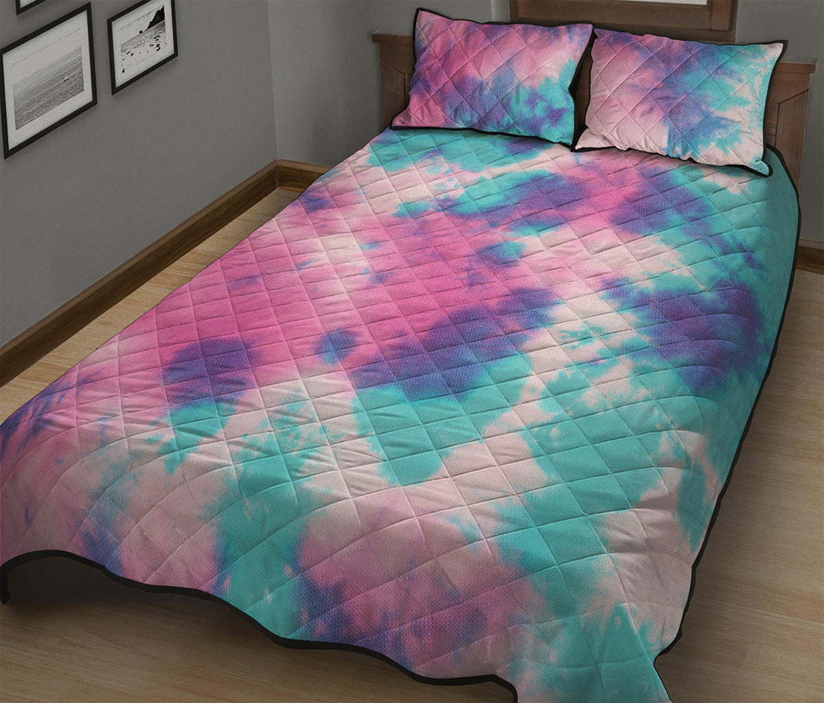 Pink And Teal Tie Dye Print Quilt Bed Set