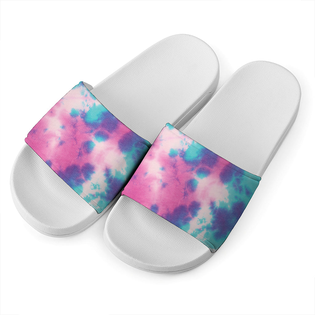 Pink And Teal Tie Dye Print White Slide Sandals