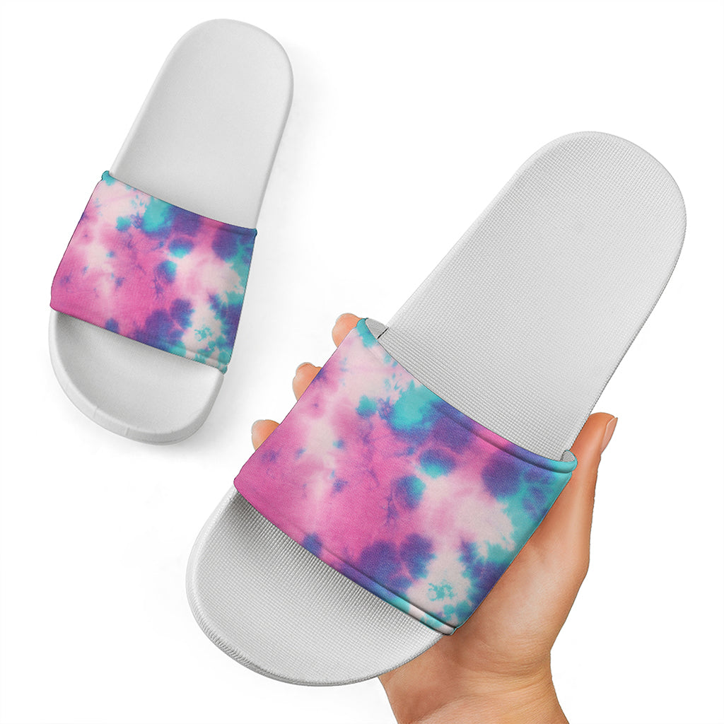 Pink And Teal Tie Dye Print White Slide Sandals