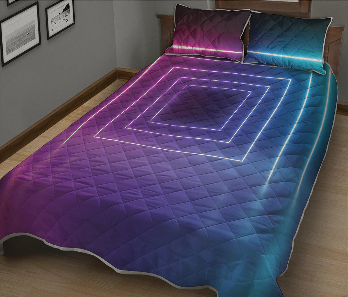 Pink And Teal Tunnel Lights Print Quilt Bed Set