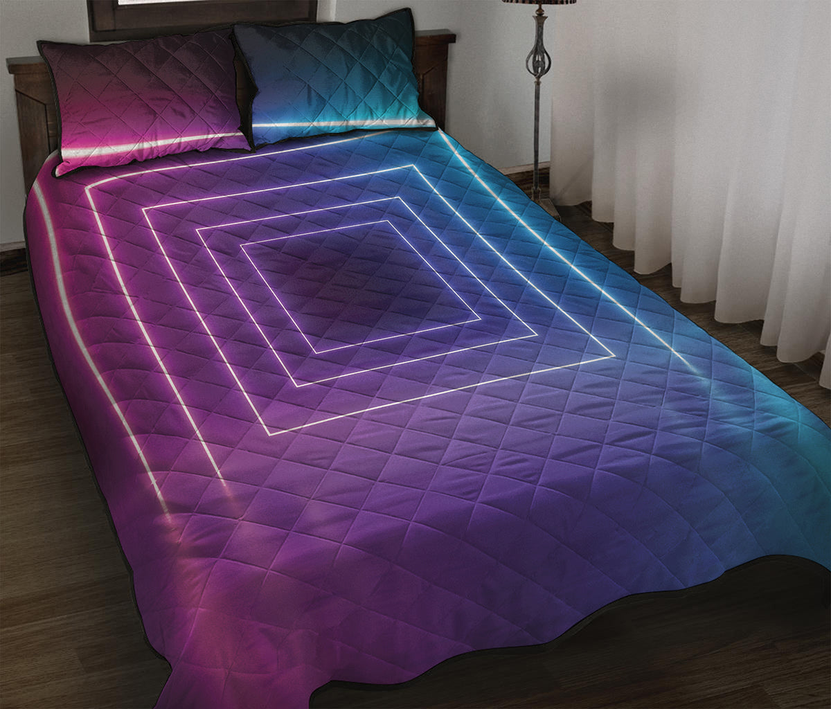Pink And Teal Tunnel Lights Print Quilt Bed Set