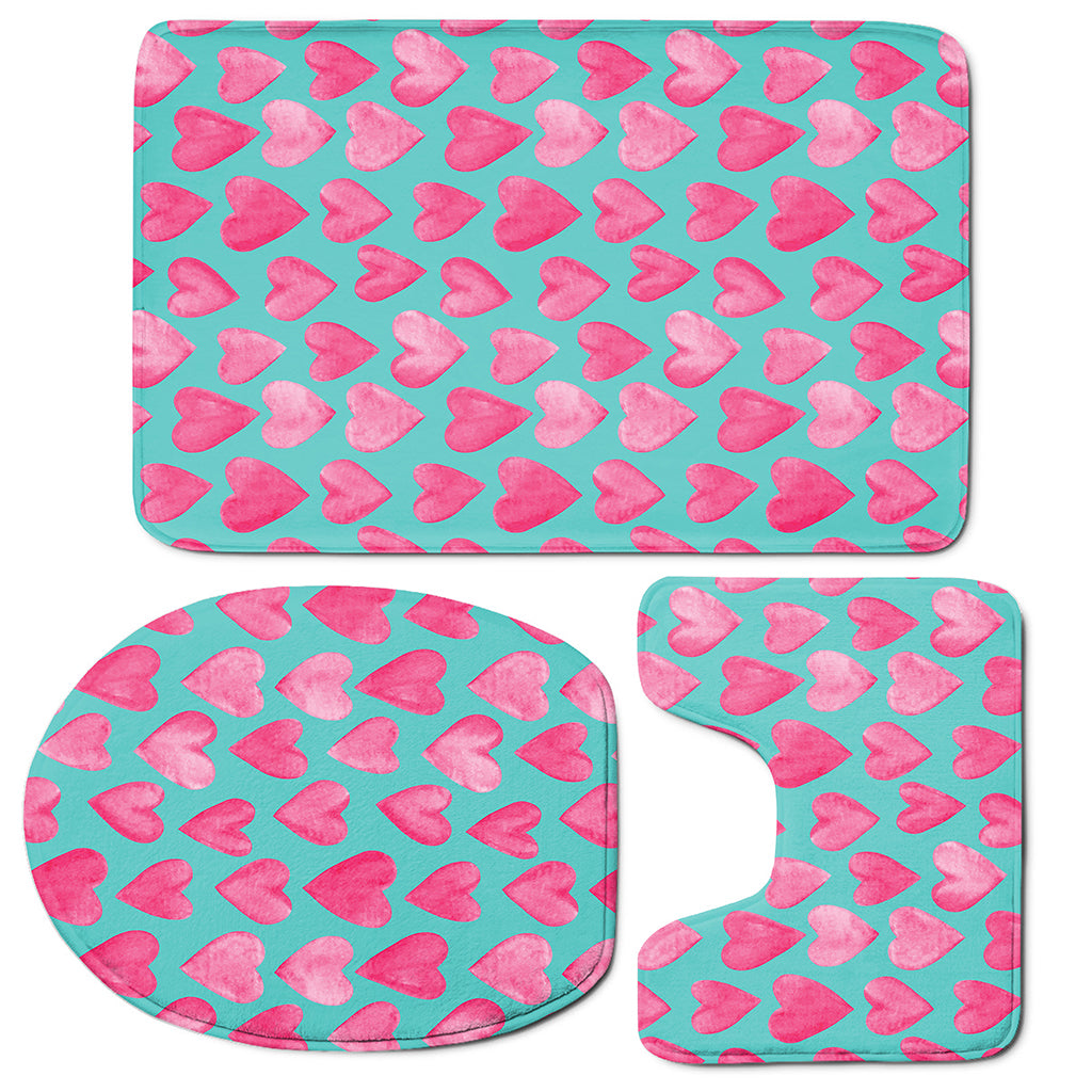 Pink And Teal Watercolor Heart Print 3 Piece Bath Mat Set
