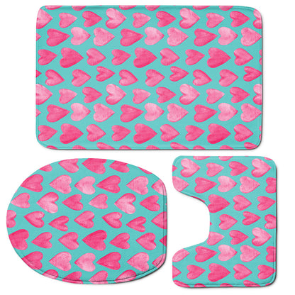 Pink And Teal Watercolor Heart Print 3 Piece Bath Mat Set