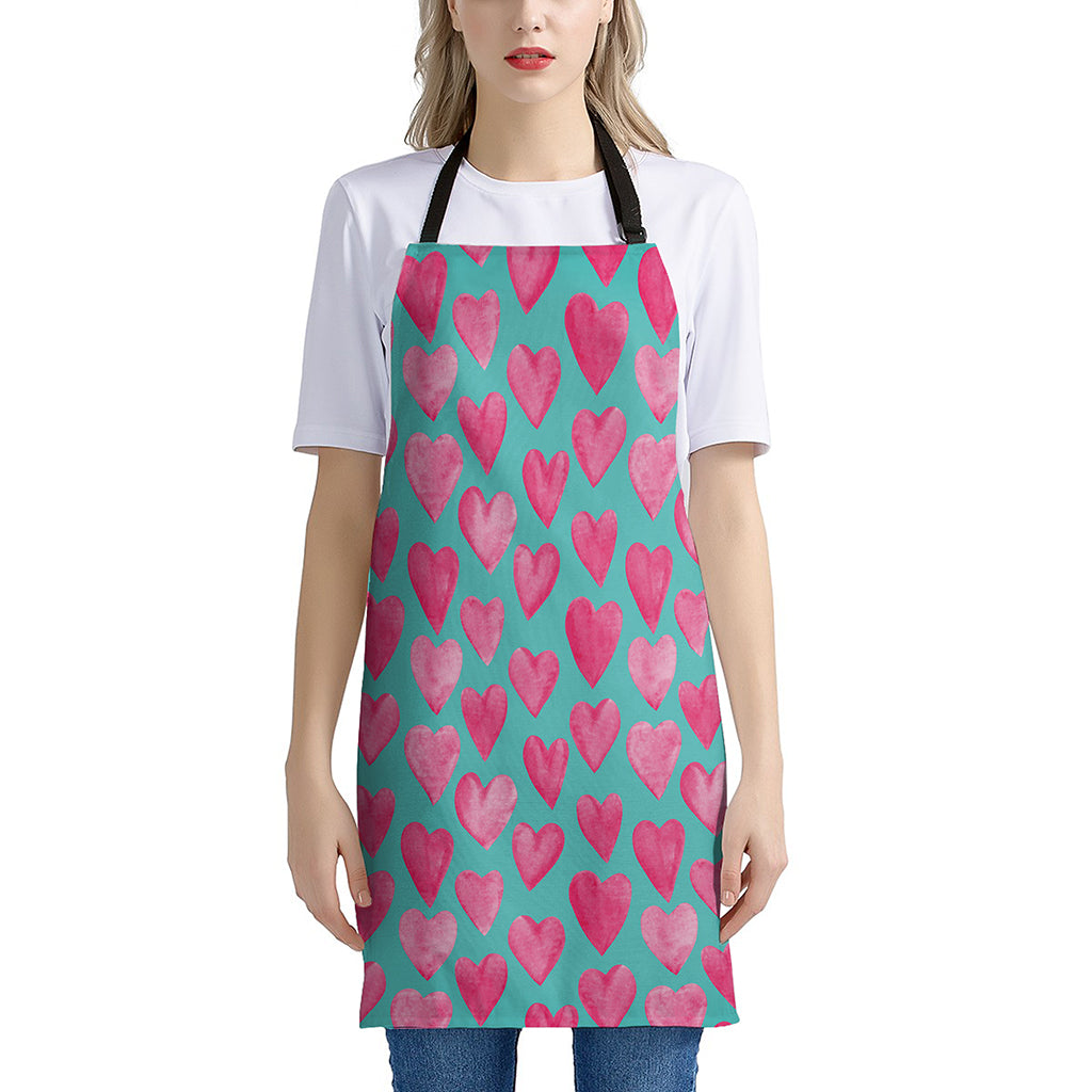 Pink And Teal Watercolor Heart Print Apron