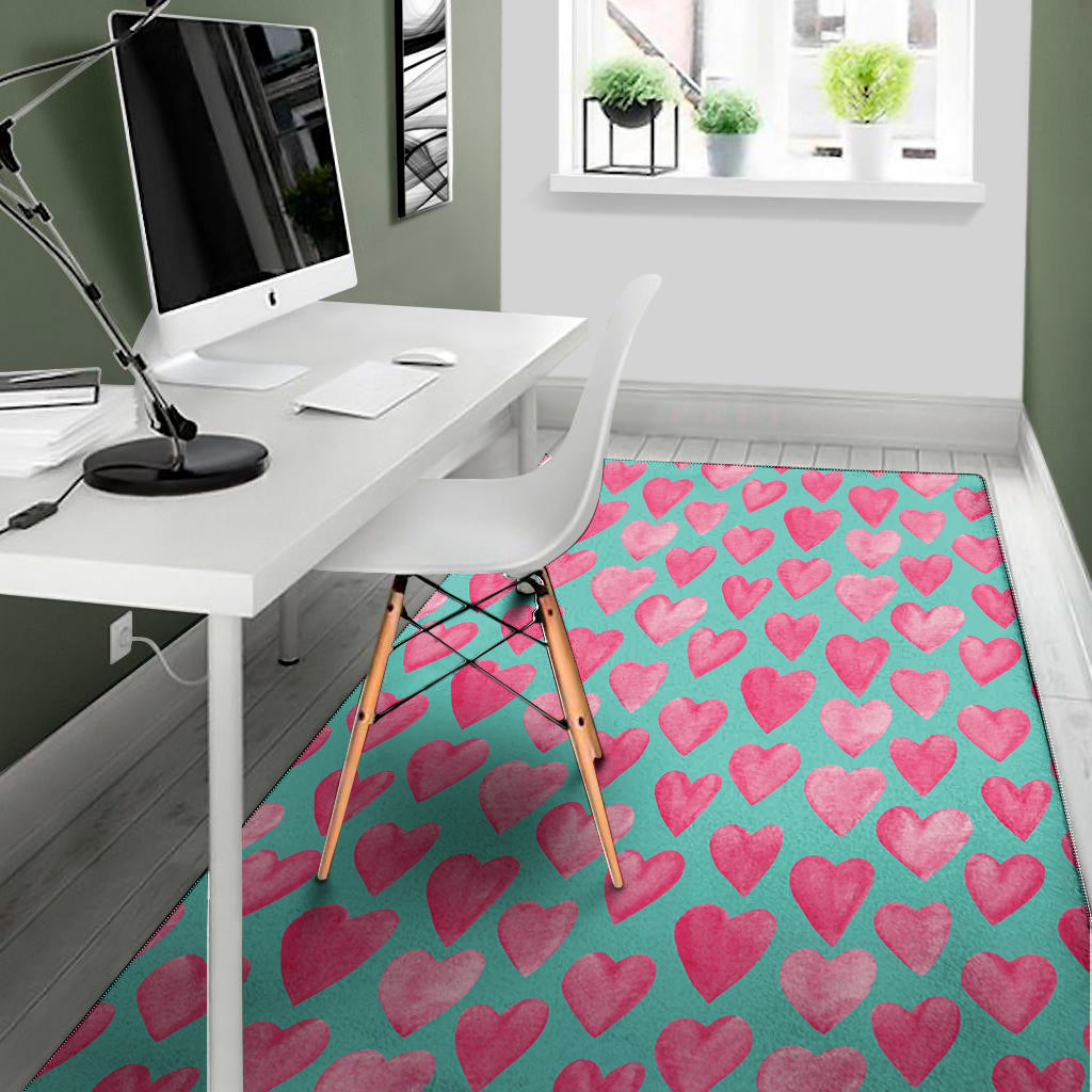 Pink And Teal Watercolor Heart Print Area Rug