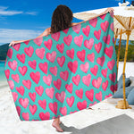 Pink And Teal Watercolor Heart Print Beach Sarong Wrap