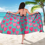Pink And Teal Watercolor Heart Print Beach Sarong Wrap