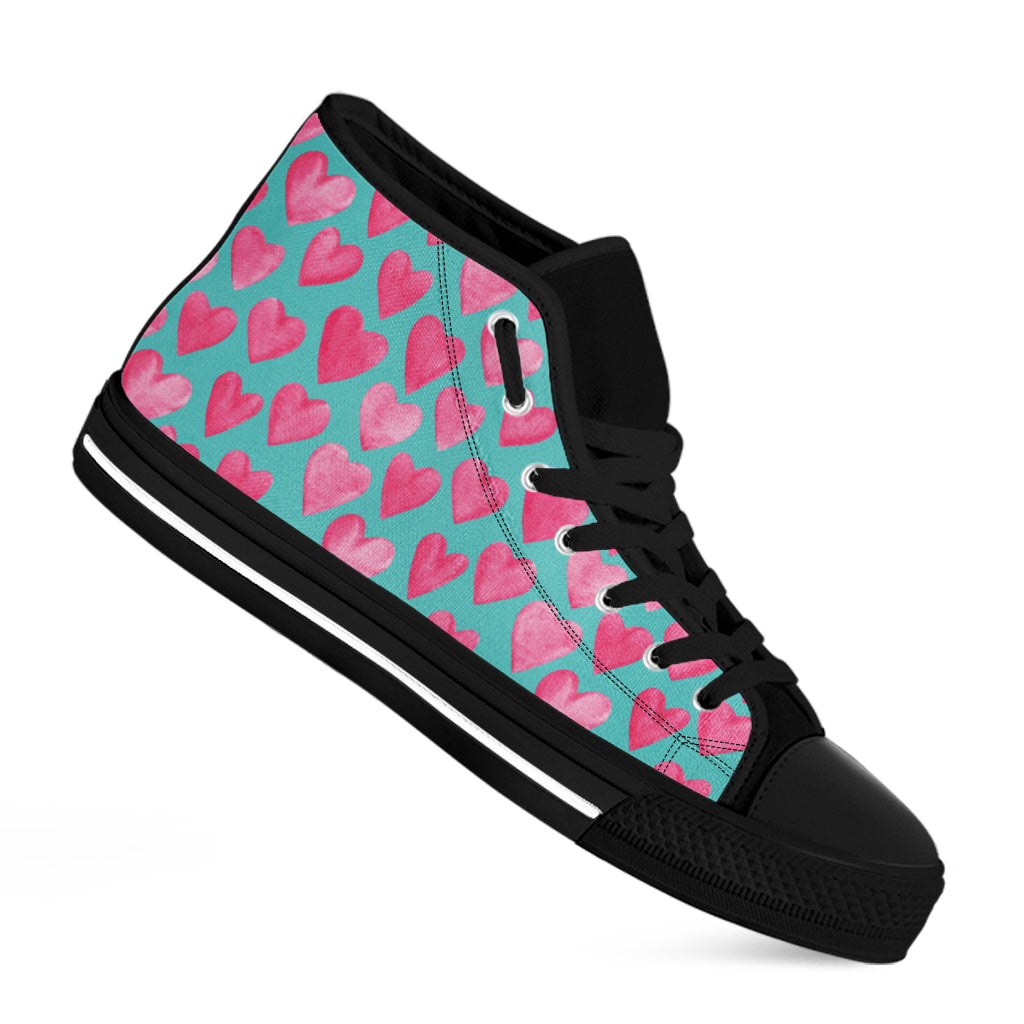 Pink And Teal Watercolor Heart Print Black High Top Shoes
