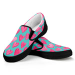 Pink And Teal Watercolor Heart Print Black Slip On Shoes