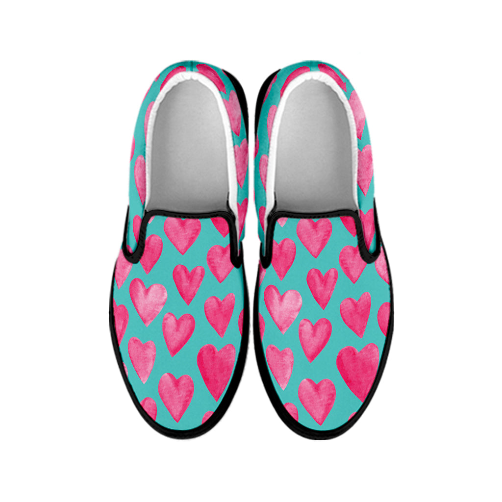 Pink And Teal Watercolor Heart Print Black Slip On Shoes