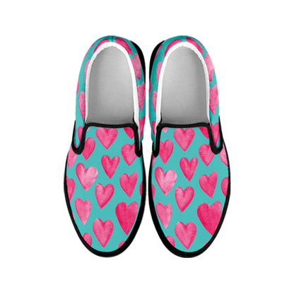 Pink And Teal Watercolor Heart Print Black Slip On Shoes