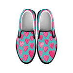 Pink And Teal Watercolor Heart Print Black Slip On Shoes