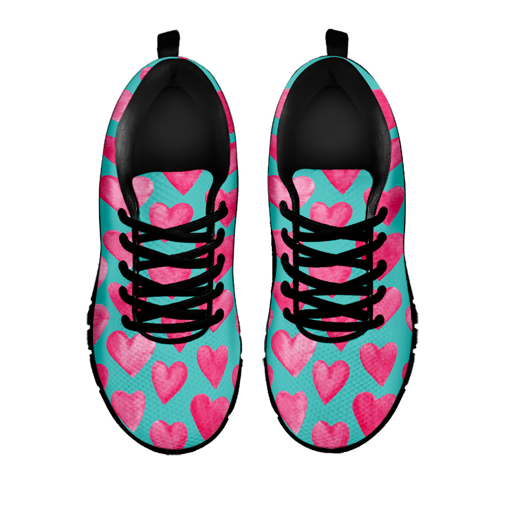 Pink And Teal Watercolor Heart Print Black Sneakers
