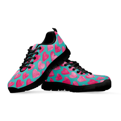 Pink And Teal Watercolor Heart Print Black Sneakers