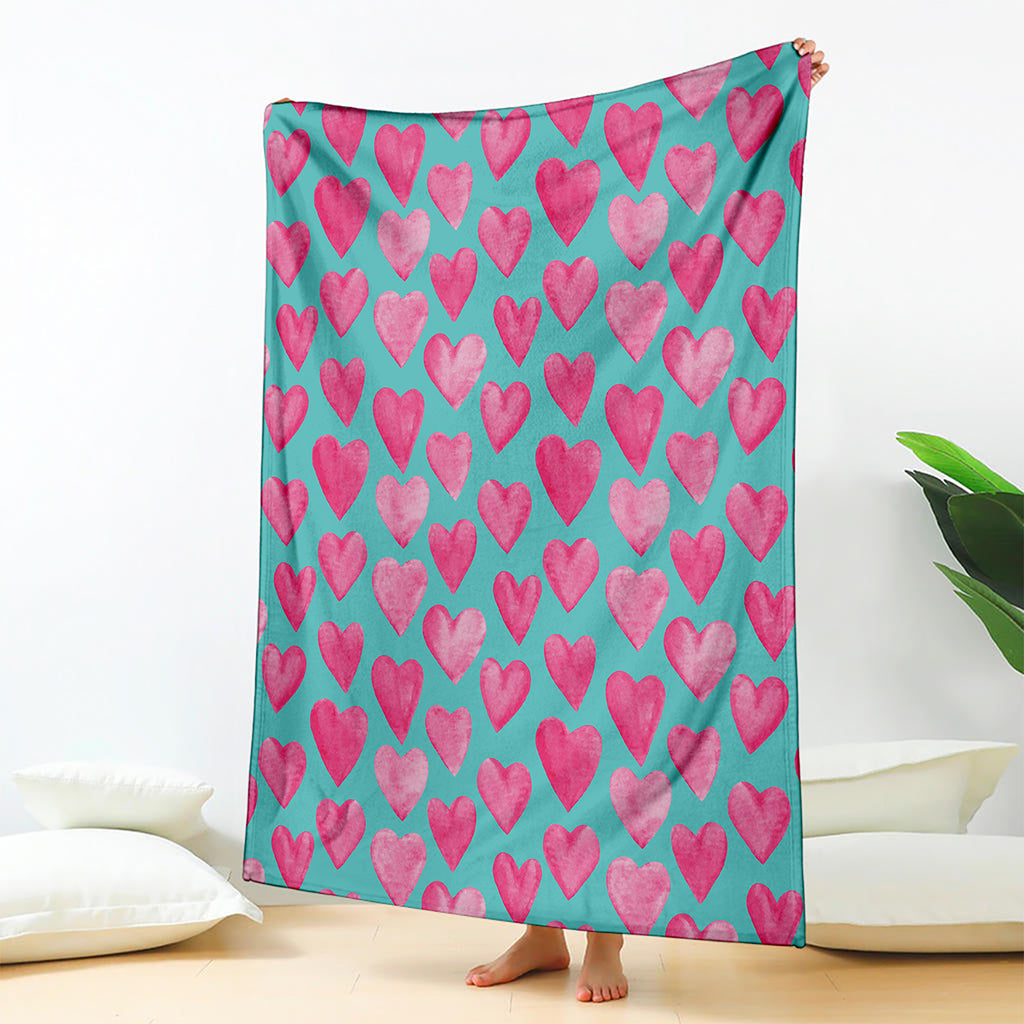 Pink And Teal Watercolor Heart Print Blanket