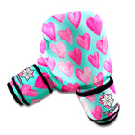 Pink And Teal Watercolor Heart Print Boxing Gloves