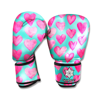 Pink And Teal Watercolor Heart Print Boxing Gloves