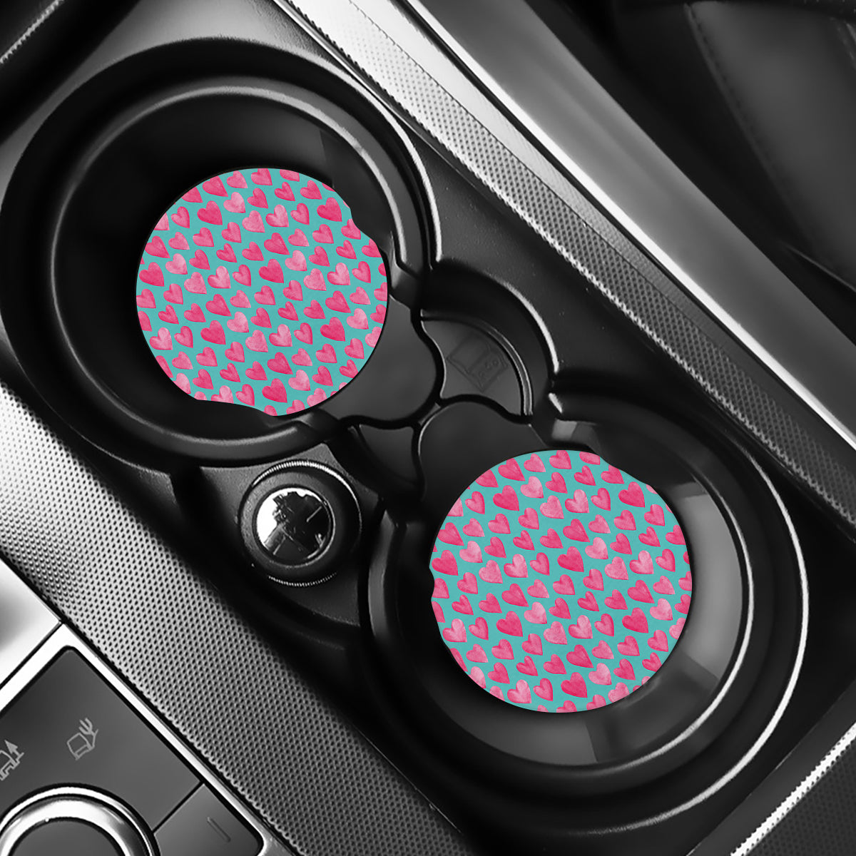 Pink And Teal Watercolor Heart Print Car Coasters