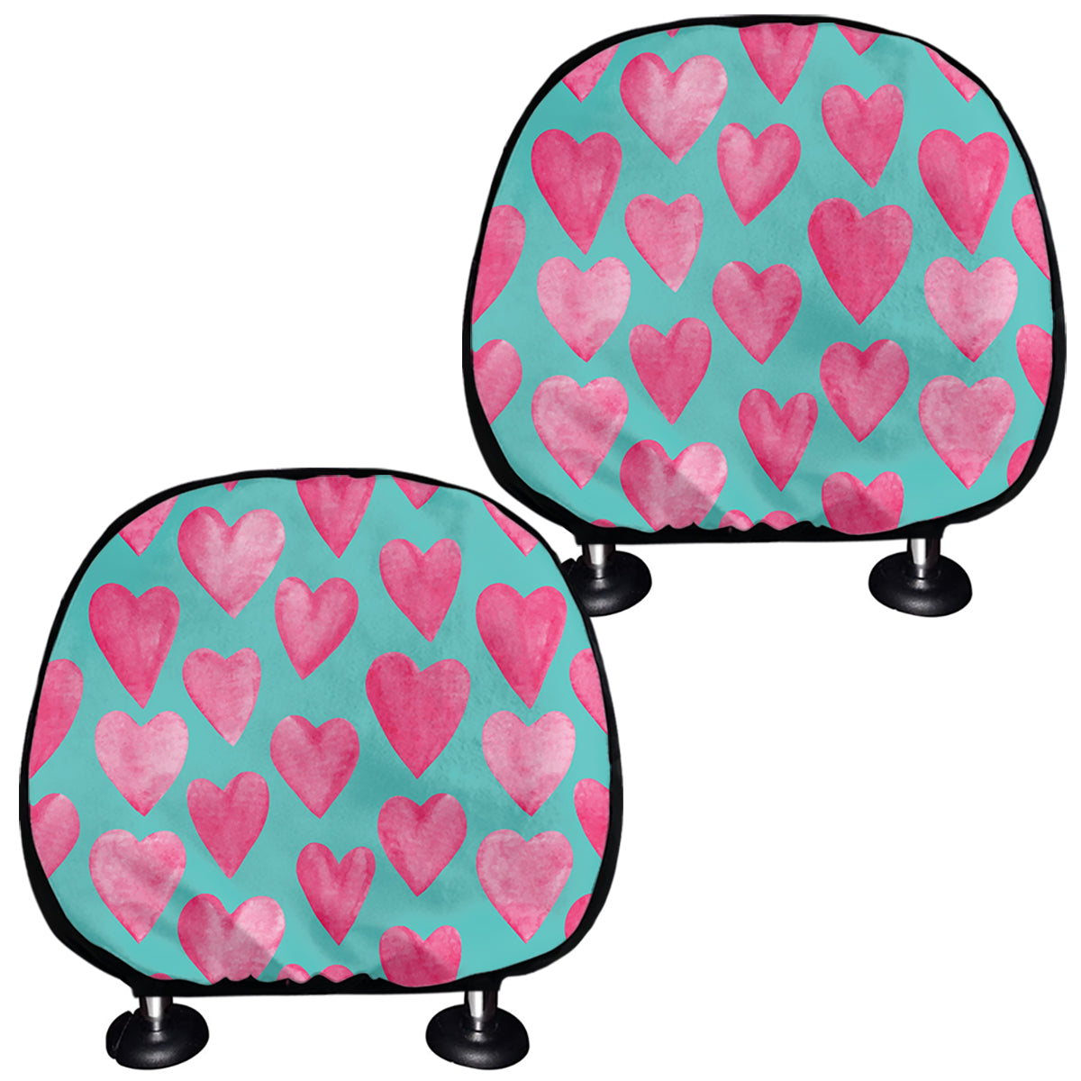Pink And Teal Watercolor Heart Print Car Headrest Covers