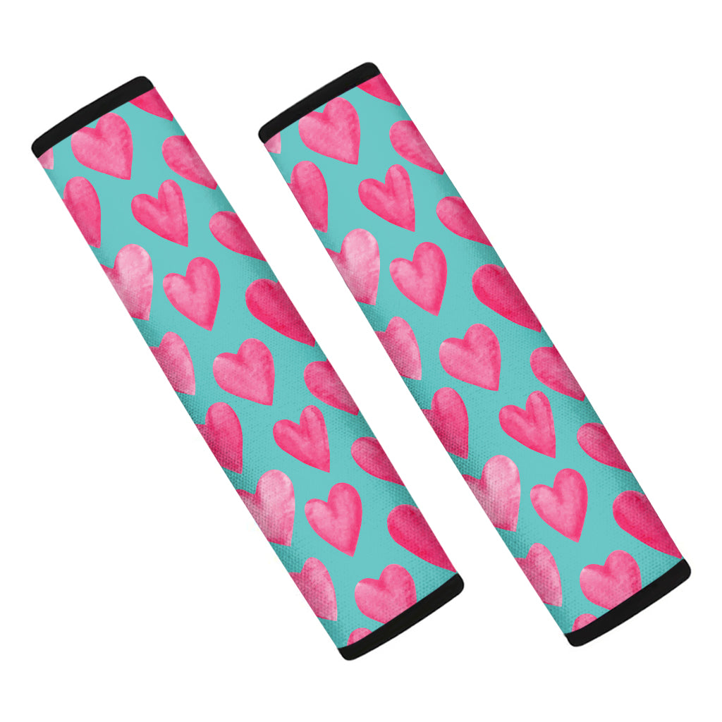 Pink And Teal Watercolor Heart Print Car Seat Belt Covers