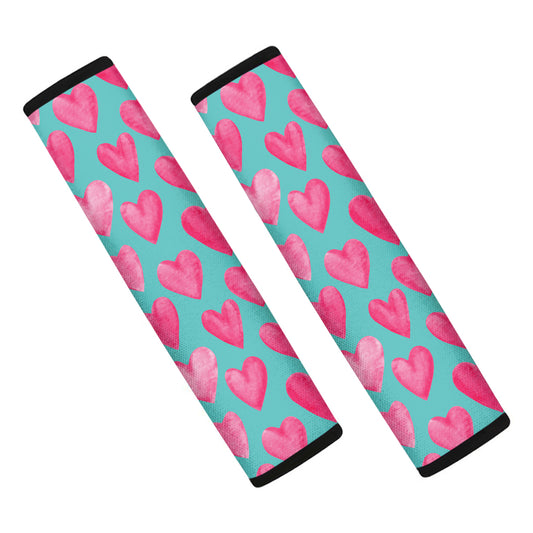 Pink And Teal Watercolor Heart Print Car Seat Belt Covers