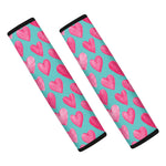 Pink And Teal Watercolor Heart Print Car Seat Belt Covers