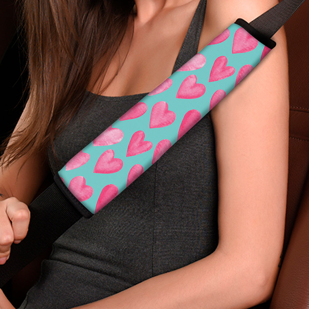Pink And Teal Watercolor Heart Print Car Seat Belt Covers