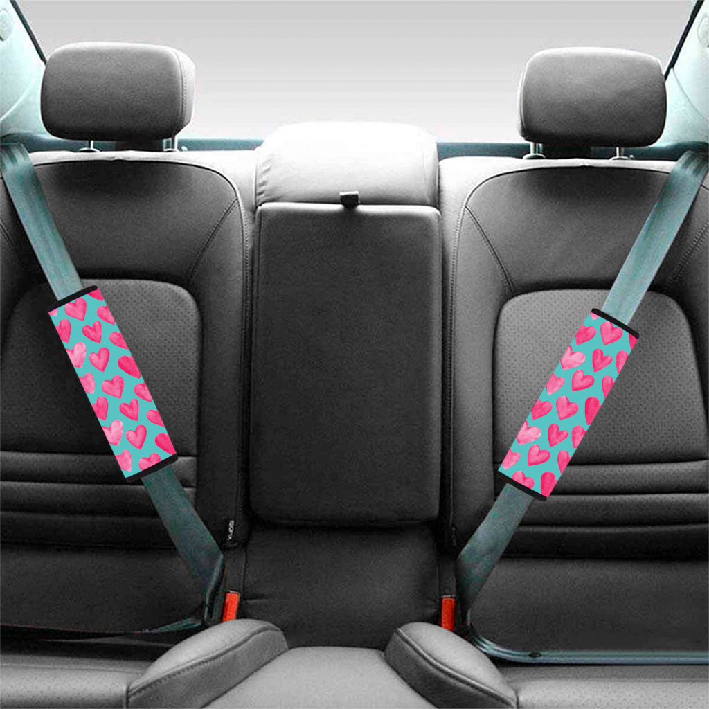 Pink And Teal Watercolor Heart Print Car Seat Belt Covers