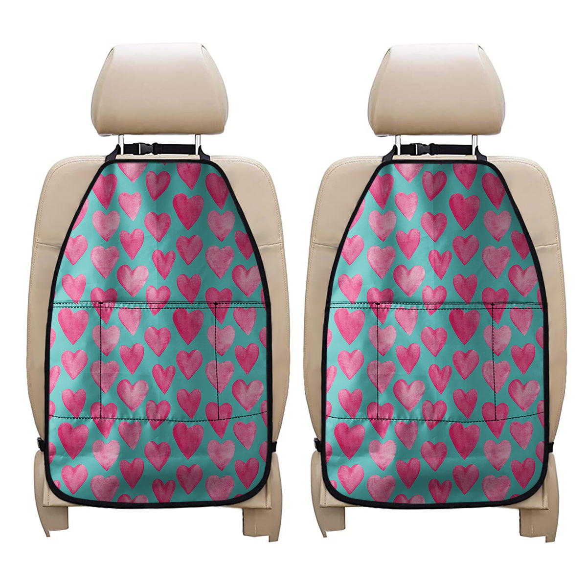 Pink And Teal Watercolor Heart Print Car Seat Organizers