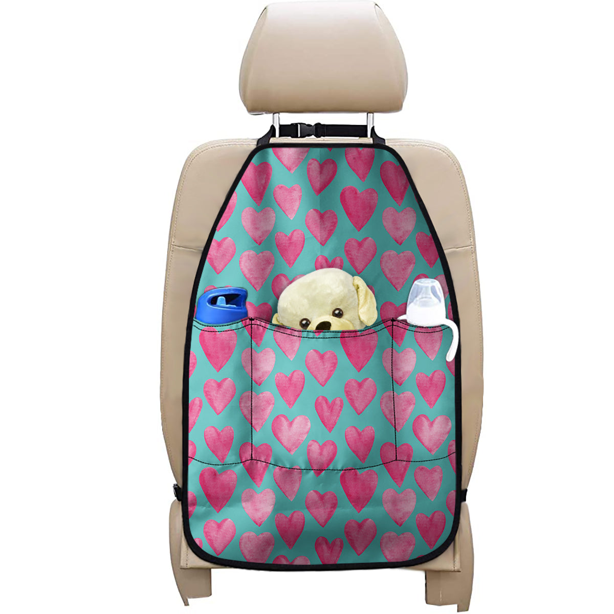 Pink And Teal Watercolor Heart Print Car Seat Organizers