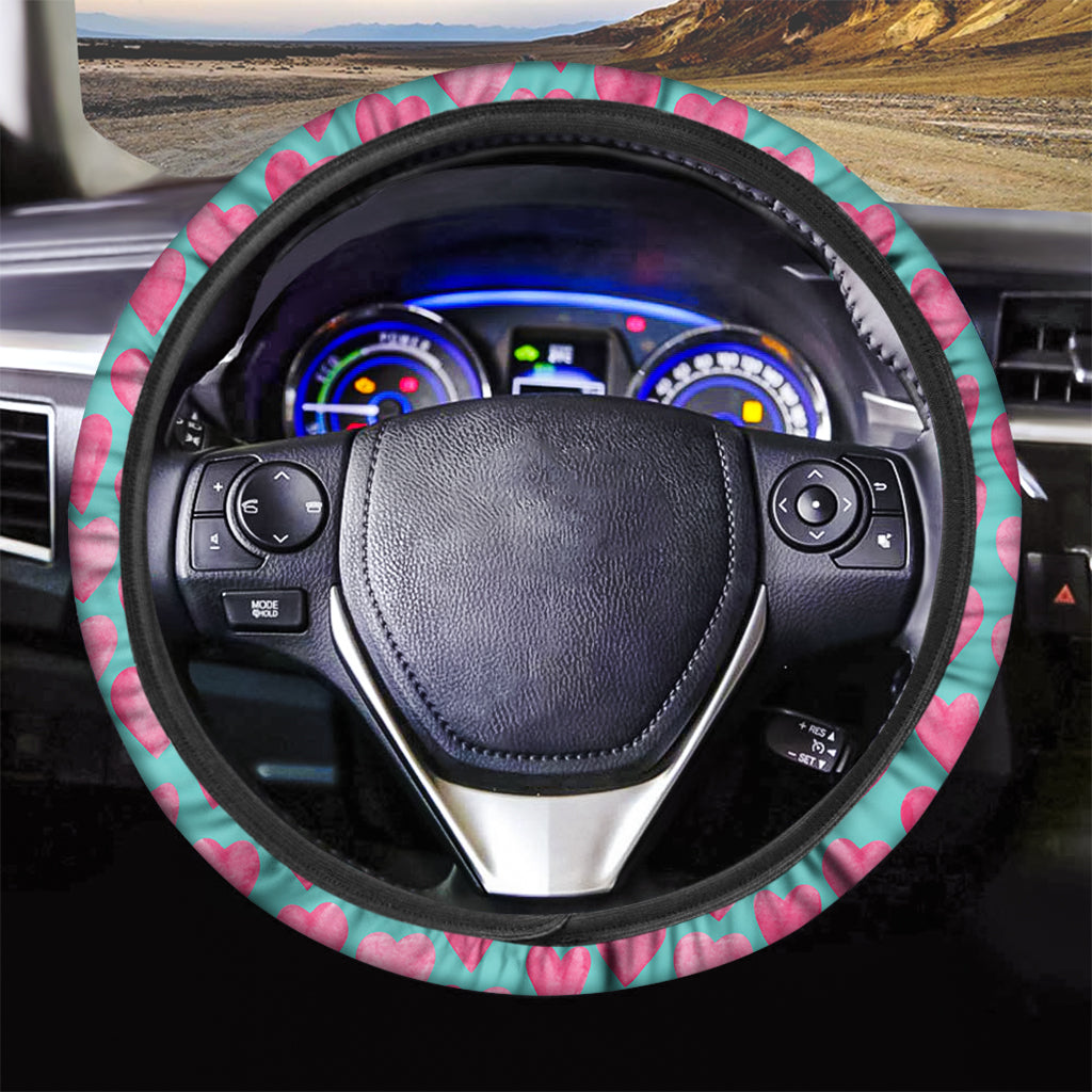 Pink And Teal Watercolor Heart Print Car Steering Wheel Cover
