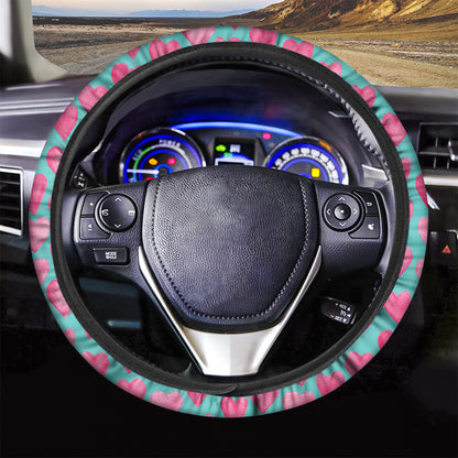 Pink And Teal Watercolor Heart Print Car Steering Wheel Cover