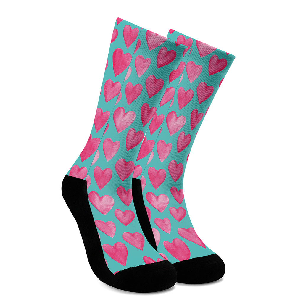 Pink And Teal Watercolor Heart Print Crew Socks