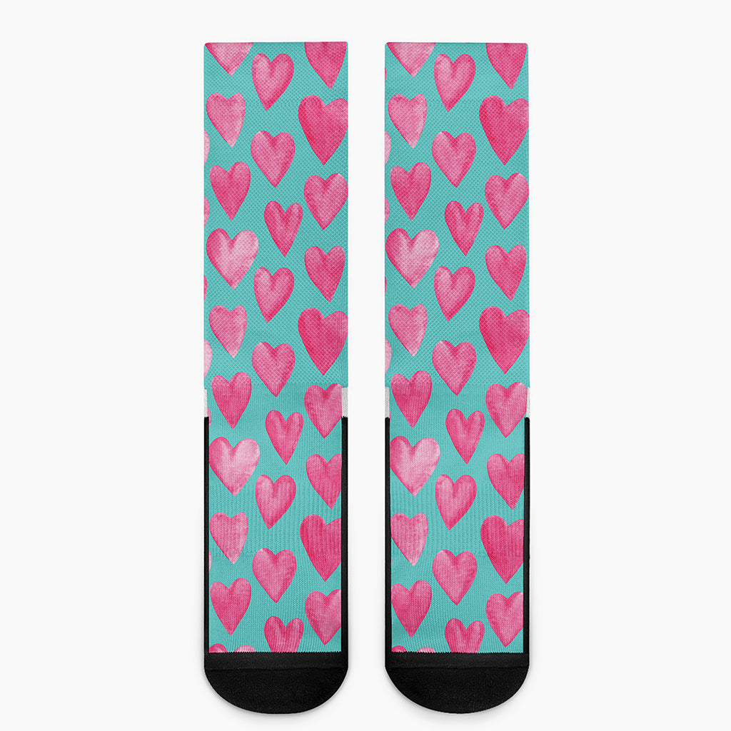 Pink And Teal Watercolor Heart Print Crew Socks