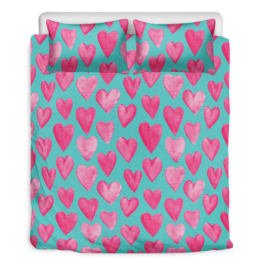 Pink And Teal Watercolor Heart Print Duvet Cover Bedding Set