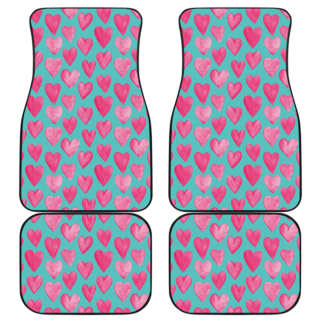 Pink And Teal Watercolor Heart Print Front and Back Car Floor Mats
