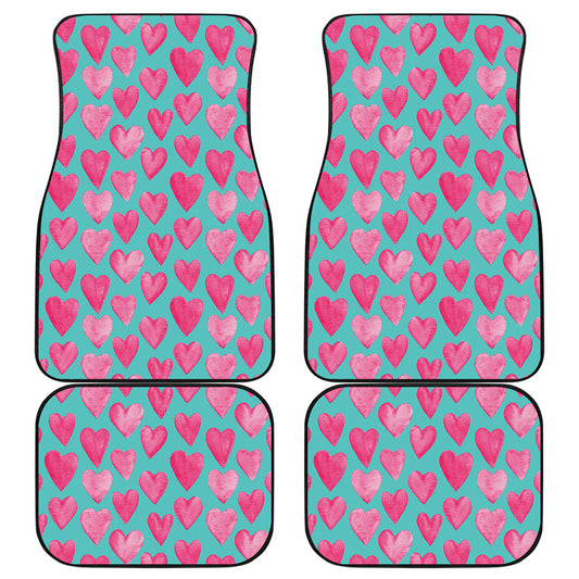 Pink And Teal Watercolor Heart Print Front and Back Car Floor Mats