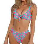 Pink And Teal Watercolor Heart Print Front Bow Tie Bikini