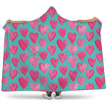Pink And Teal Watercolor Heart Print Hooded Blanket