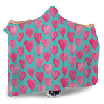 Pink And Teal Watercolor Heart Print Hooded Blanket