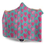 Pink And Teal Watercolor Heart Print Hooded Blanket