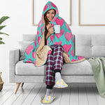 Pink And Teal Watercolor Heart Print Hooded Blanket