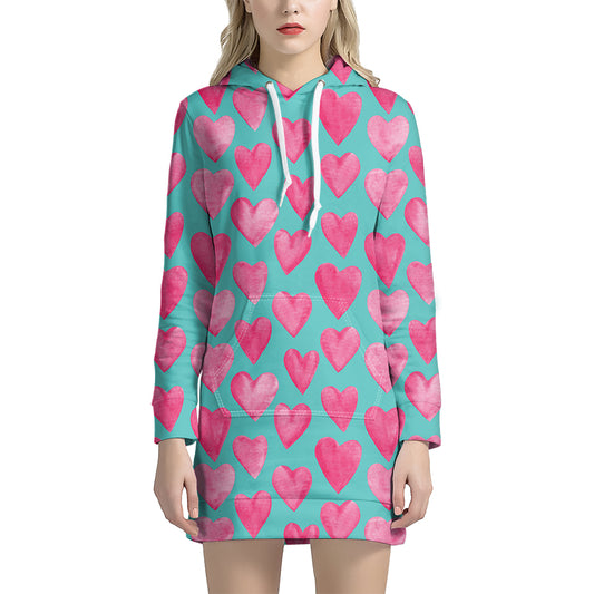 Pink And Teal Watercolor Heart Print Hoodie Dress