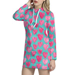 Pink And Teal Watercolor Heart Print Hoodie Dress