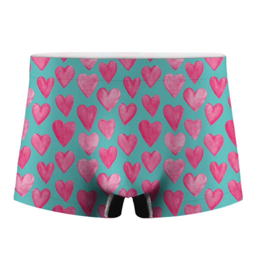 Pink And Teal Watercolor Heart Print Men's Boxer Briefs