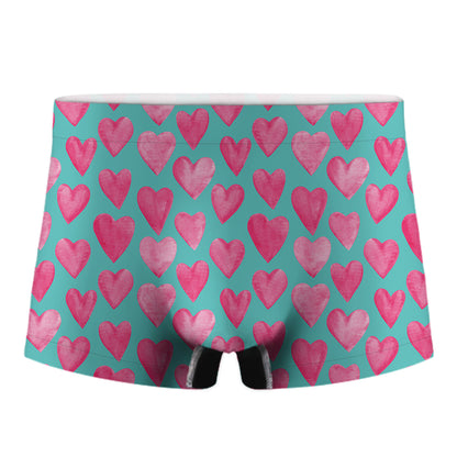 Pink And Teal Watercolor Heart Print Men's Boxer Briefs