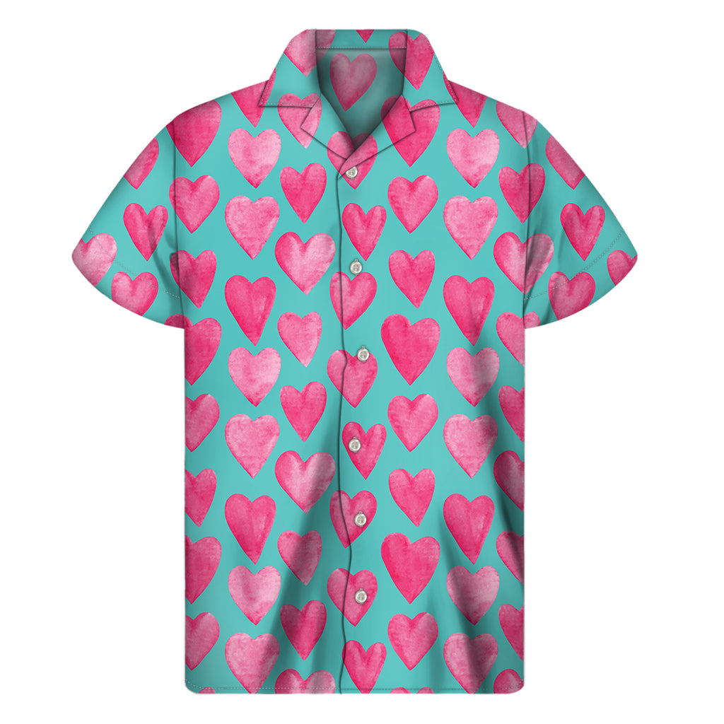 Pink And Teal Watercolor Heart Print Men's Short Sleeve Shirt